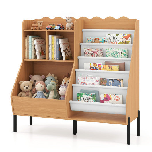 Kids Bookshelf and Toy Storage Organizer Wooden Bookcase with 5 Fabric Pockets-Natural
