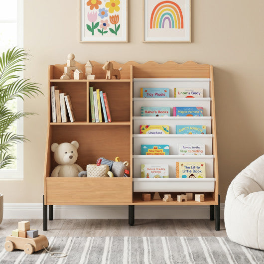 Kids Bookshelf and Toy Storage Organizer Wooden Bookcase with 5 Fabric Pockets-Natural