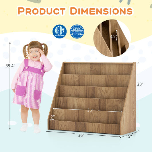 5-Tier Kids Bookshelf with Deep Compartments and Stable Baby Book Case-Natural
