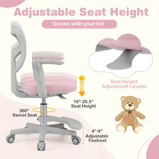 Kids Desk Chair Children Study Chair with Adjustable Height Armrest and Footrest-Pink