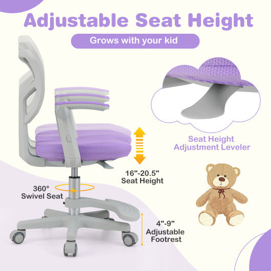 Kids Desk Chair Children Study Chair with Adjustable Height Armrest and Footrest-Purple