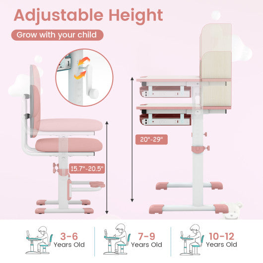 Kids Desk and Chair Set with Adjustable Height and Tilted Desktop-Pink