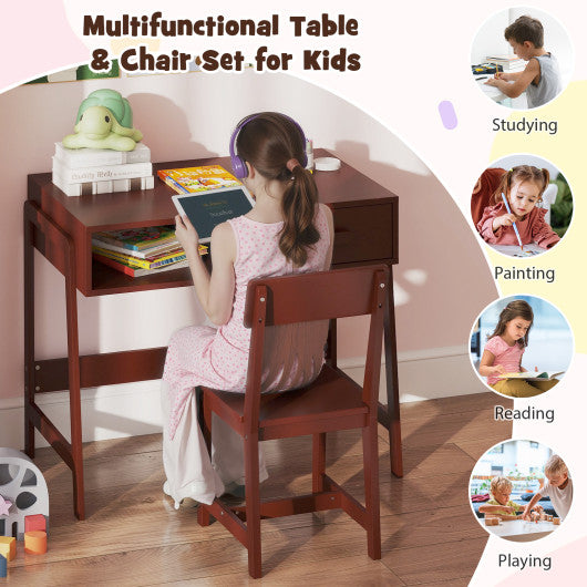 Kids Desk and Chair Set with Storage Drawer and Hutch-Brown