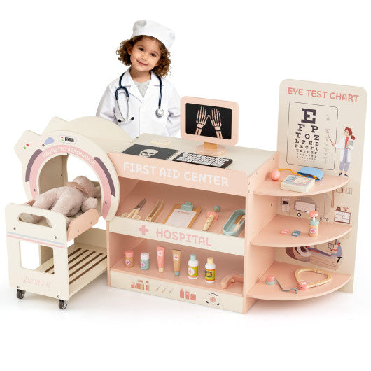 Kids Doctor Play Set Wooden Pretend Hospital Office Kit with Eye Chart Toy CT Machine-Pink