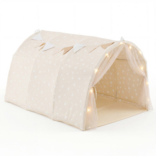 Kids Dream Bed Tent Twin Bunk Bed with Glow in the Dark Stars and Lights-Beige