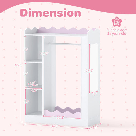 Kids Dress Up Storage with Mirrors and Hanging Rack and Shelves for Bedroom-Pink