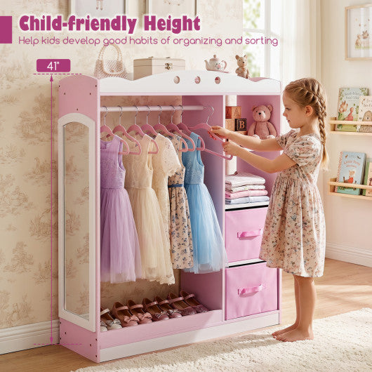 Kids Dress Up Storage with Full Length Mirror and Open Shelves-Pink