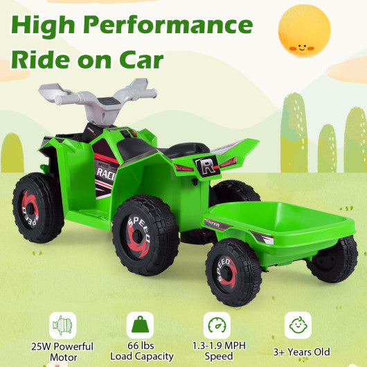 6V Kids Electric ATV Quad Car with Detachable Trailer-Green