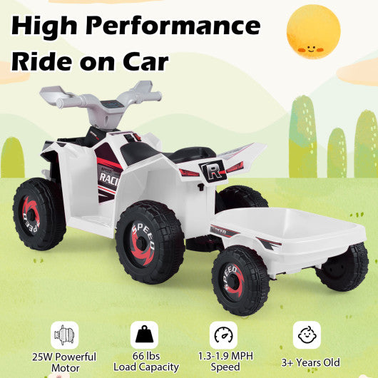 6V Kids Electric ATV Quad Car with Detachable Trailer-White