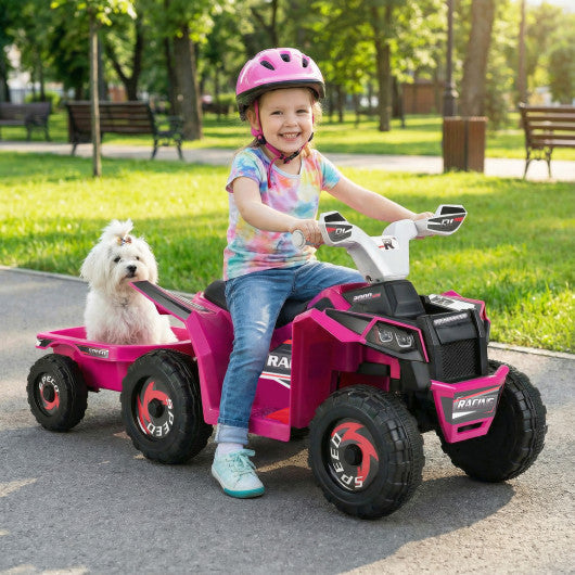 6V Kids Electric ATV Quad Car with Detachable Trailer-Rose Red