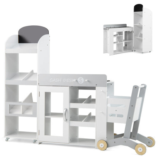 Kids Grocery Store Playset Convertible Wooden Play Store with Shopping Cart-White