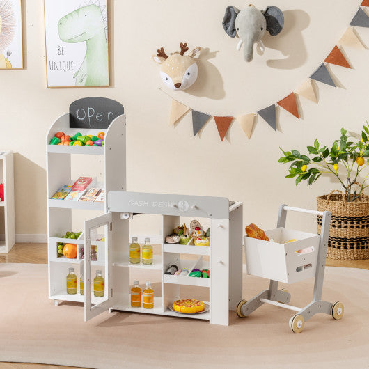Kids Grocery Store Playset Convertible Wooden Play Store with Shopping Cart-White