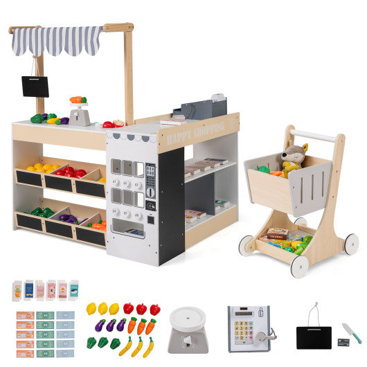 Kids Grocery Store Playset Wooden Pretend Play Supermarket with Shopping Cart-Natural