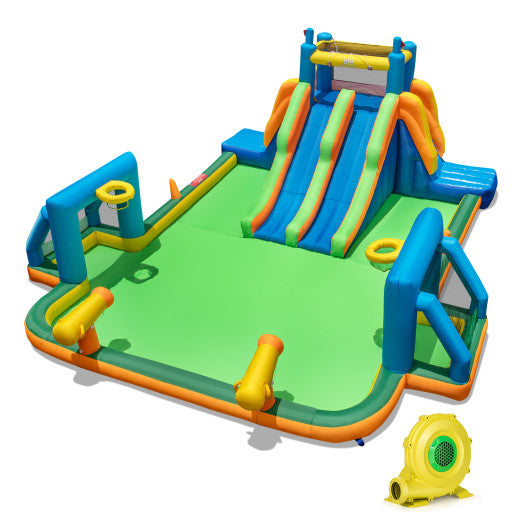 Kids Inflatable Water Slide with 2 Long Slides and 2 Soccer Gates with 1100W Blower