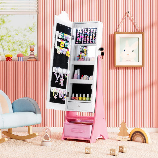 Kids Jewelry Armoire Freestanding Jewelry Cabinet with 3-Color Lighted Full Length Mirror-White