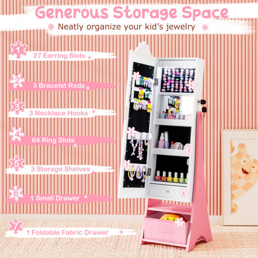 Kids Jewelry Armoire Freestanding Jewelry Cabinet with 3-Color Lighted Full Length Mirror-White