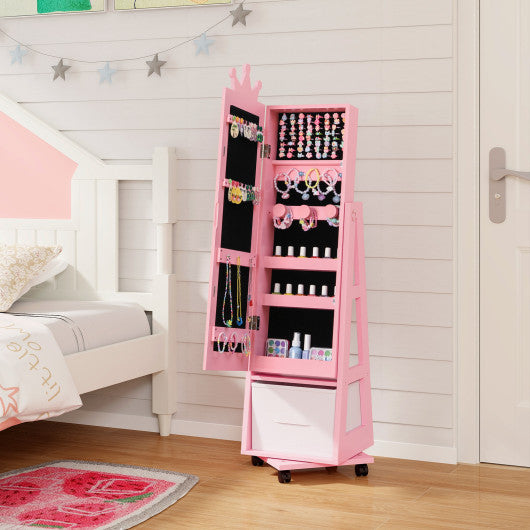 Kids Jewelry Armoire Cabinet with Swivel Base and Lockable Universal Wheels-Pink