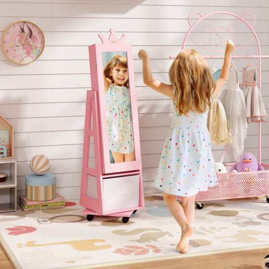 Kids Jewelry Armoire Cabinet with Swivel Base and Lockable Universal Wheels-Pink