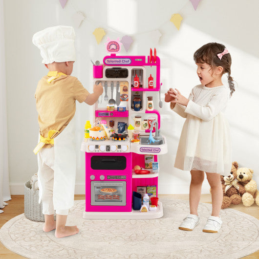 Kids Kitchen Playset Pretend Play Kitchen with Realistic Sounds and Lights-Pink
