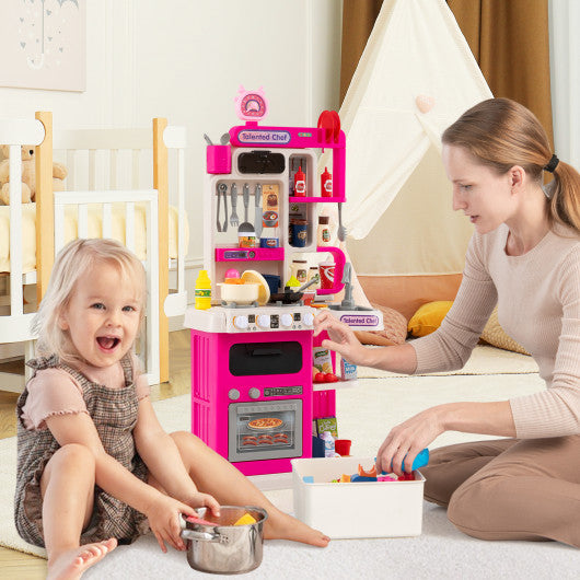 Kids Kitchen Playset Pretend Play Kitchen with Realistic Sounds and Lights-Pink
