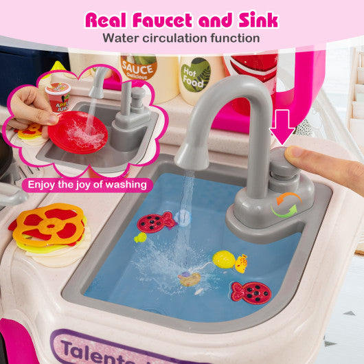 Kids Kitchen Playset Pretend Play Kitchen with Realistic Sounds and Lights-Pink