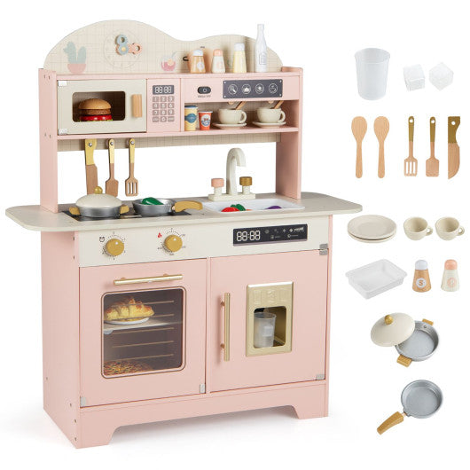 Kids Kitchen Playset with 17 Pcs Accessories and Oven Ice Maker and Stove-Pink
