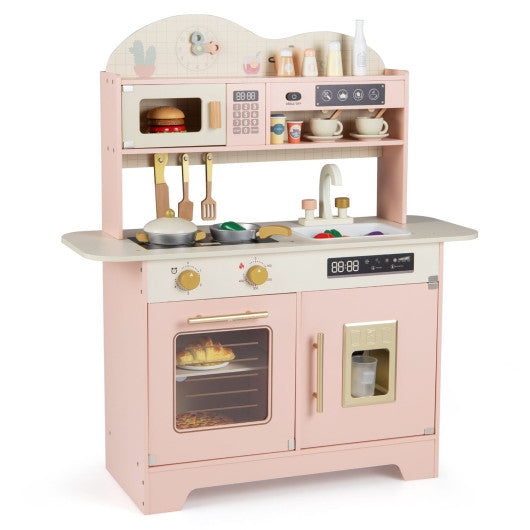 Kids Kitchen Playset with 17 Pcs Accessories and Oven Ice Maker and Stove-Pink