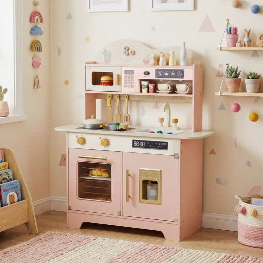 Kids Kitchen Playset with 17 Pcs Accessories and Oven Ice Maker and Stove-Pink
