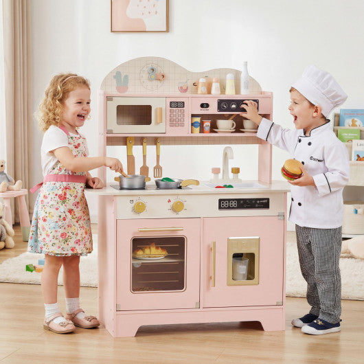 Kids Kitchen Playset with 17 Pcs Accessories and Oven Ice Maker and Stove-Pink