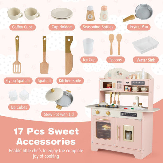 Kids Kitchen Playset with 17 Pcs Accessories and Oven Ice Maker and Stove-Pink