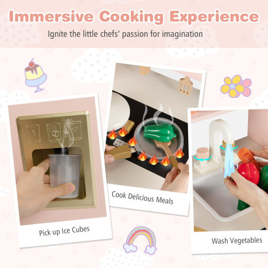 Kids Kitchen Playset with 17 Pcs Accessories and Oven Ice Maker and Stove-Pink