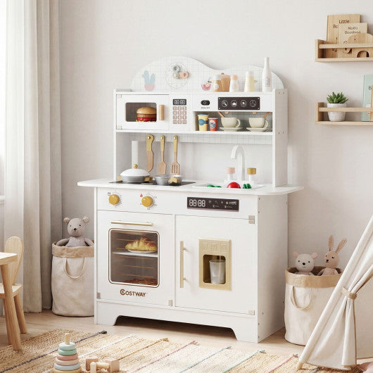 Kids Kitchen Playset with 17 Pcs Accessories and Oven Ice Maker and Stove-White