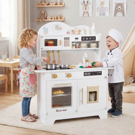 Kids Kitchen Playset with 17 Pcs Accessories and Oven Ice Maker and Stove-White