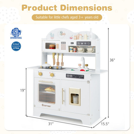 Kids Kitchen Playset with 17 Pcs Accessories and Oven Ice Maker and Stove-White