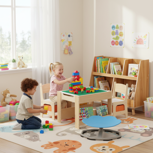 Kids Learning & Play Essentials Bundle ¨• Bookshelf + 4-in-1 Activity Table Set + 360¡« Swivel Chair