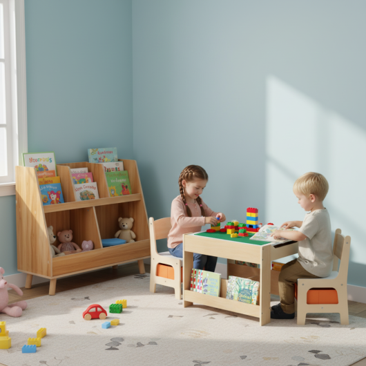 Kids Learning & Play Essentials Bundle ¡ª Bookshelf + 4-in-1 Activity Table Set + 360¡ã Swivel Chair