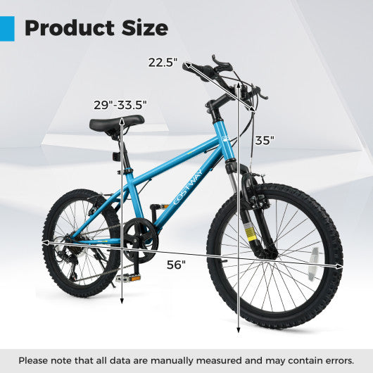 Kids Mountain Bike 20 Inch Child Bicycle for Boys Girls Aged 8+ Years Old Blue