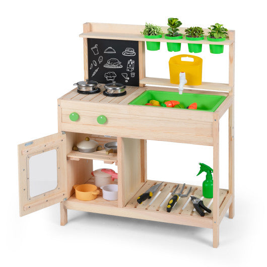 Kids Mud Kitchen Play Pretend Kitchen with Chalkboard for Kids Aged 3+