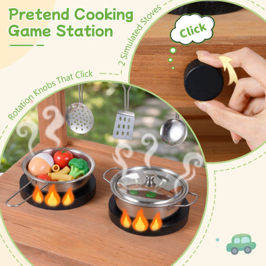 Kids Mud Kitchen with Water Tank and Sink and 15 Accessories for Ages 3+-Natural