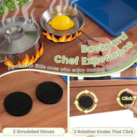 Kids Mud Kitchen with Planter Box and Sink and 13 Accessories for Ages 3+-Natural