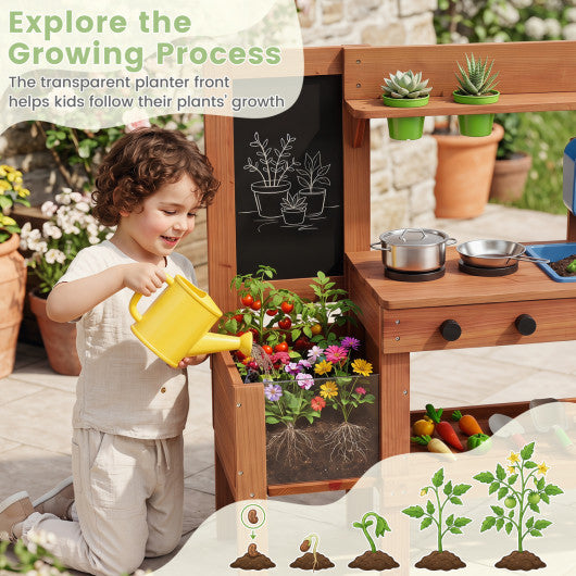 Kids Mud Kitchen with Planter Box and Sink and 13 Accessories for Ages 3+-Natural
