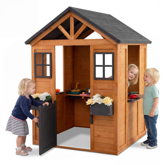 Kids Outdoor Playhouse with Sink Spruce Wooden Cottage with Half Door-Natural