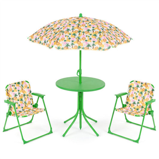 Kids Outdoor Table and Chair Set with 2 Folding Chairs and Height Adjustable Umbrella-Beige
