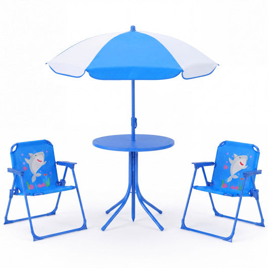 Kids Outdoor Table and Chair Set with 2 Folding Chairs and Height Adjustable Umbrella-Navy