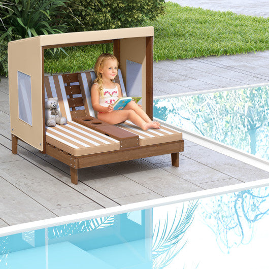 Kids Patio Lounge Chair with Cup Holders and Awning-Brown