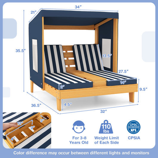 Kids Patio Lounge Chair with Cup Holders and Awning-Navy