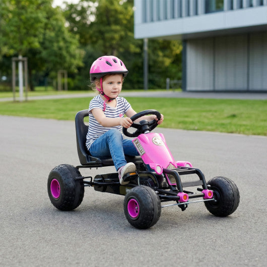 Kids Pedal Go Kart with Steering Wheel and Gear Shifter and Handbrake-Pink