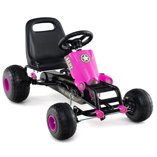 Kids Pedal Go Kart with Steering Wheel and Gear Shifter and Handbrake-Pink