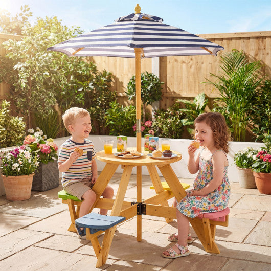 Kids Picnic Table with Stools and Foldable Adjustable Umbrella for Backyard and Patio-Blue