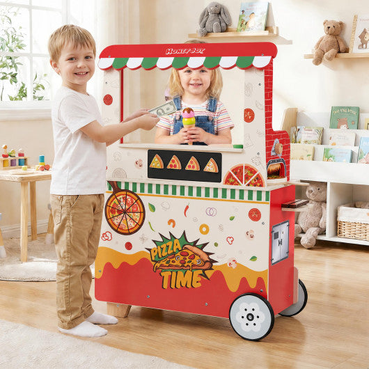 Kids Pizza Food Truck Wooden Pretend Play Snack Cart with Oven-Red